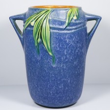 Roseville Pottery Blue Handled Vase with Molded Floral Design — listing 3