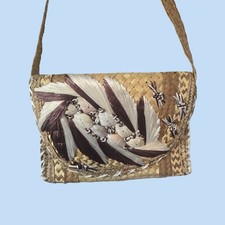 1960s Woven Straw Handbag with Dyed Shell Floral Décor and Raffia Embroidery — listing 5