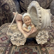 Antique Bisque Porcelain Piano Baby Figurine, Crawling Child in Nightgown with Blue Rattle — listing 4