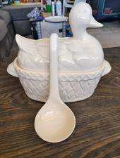 Figural White Duck Soup Tureen with Blue Polka-Dot Bow and Ladle — listing 4