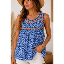 Savanna Jane Embroidered Boho Tunic Top with Multicolor Chevron Detail, Size L