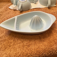 Ceramic Citrus Juicer/Reamer with Blue Stripe and Folk Floral Motif