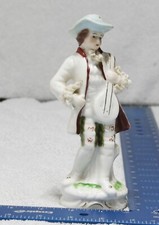 Vintage Porcelain Colonial Man Figurine with Mandolin, Blue & White with Lace Trim