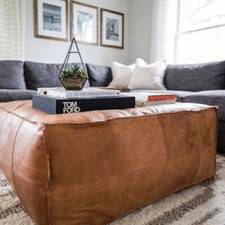 Square Moroccan-Style Leather Pouf Ottoman in Tan/Camel