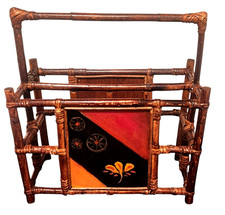 Antique Bamboo & Rattan Magazine Rack with Collection of Leather-Bound Books — listing 4