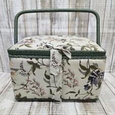 Vintage Woven Wicker Sewing Basket with Green Wooden Lid and Starburst Motif — listing 4