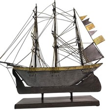 Mid-Century 3D Mixed-Media Clipper Ship Wall Art on Wood Panel with Twine Rigging — listing 4