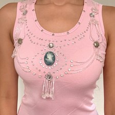 Y2K Black Rhinestone Brass-Knuckle Strap Tank Top with Pink Graphic Print — listing 6