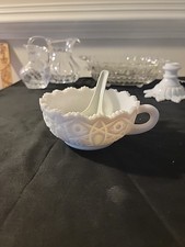 Vintage Milk Glass Kidney-Shaped Nappy Dish with Geometric Pressed Pattern — listing 4