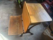 Vintage 'Silent Giant' Cast Iron & Wood School Desk with Attached Seat, Repainted Yellow with Folk Art Stenciling — listing 5