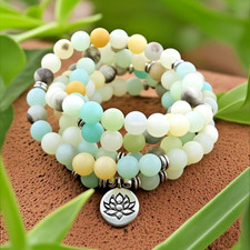 Handmade Beaded Stretch Bracelet with Amazonite, Fire Agate, Turquoise-Style Beads and Silver-Tone Lotus Charm — listing 6