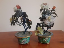 Vintage Chinese Carved Hardstone Flower Tree in Cloisonné Enamel Planter