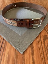 Multicolor Patchwork Leather Belt with Ball-Chain Trim and Square Buckle