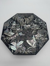 Chinese Black Lacquer 4-Panel Wall Hanging Set with Mother-of-Pearl & Soapstone Geisha Figures — listing 6