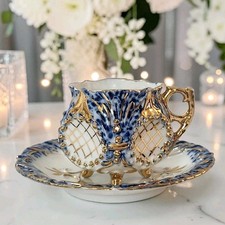 Pair of Porcelain Demitasse Cups & Saucers with Pink & Yellow Ground and Gilt Trim Says 'Bavaria' or 'Germany' — listing 2
