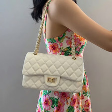 Cream Diamond-Quilted Flap Shoulder Bag with Silver Turn-Lock Clasp Yes - designer brand — listing 5