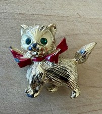 Vintage Figural Dancing Cat Brooch with Green Enamel Skirt and Rhinestone Accents — listing 6