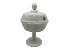 Milk Glass Pedestal Candy Dish with Embossed Fruit Pattern and Domed Lid — listing 6