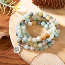Handmade Beaded Stretch Bracelet with Amazonite, Fire Agate, Turquoise-Style Beads and Silver-Tone Lotus Charm