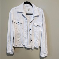 POL Beige and Leopard Print Distressed Denim Jacket, Size Small