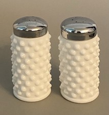 Vintage Milk Glass Hobnail Salt & Pepper Shakers Pair with Silver Tone Lids — listing 2