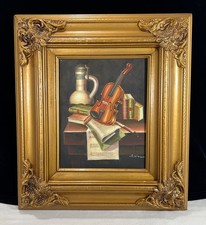 Musical Still Life Oil Painting with Violin, Sheet Music, and Books in Carved Giltwood Frame — listing 2
