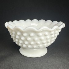 Pair of Vintage Hobnail Milk Glass Hurricane Table Lamps with Ruffled Shades and Ornate Metal Bases — listing 2