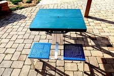 Vintage Folding Camping Picnic Table with Attached Benches, Tubular Aluminum Frame & Laminate Top