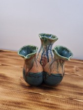 Mid-Century Studio Pottery Squat Bottle Vase with Red and Drip Glaze — listing 5