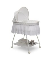 Delta Children White Sweet Beginnings Bassinet with Canopy and Music/Vibration Module