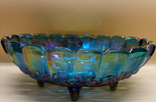 Indiana Glass Blue Carnival Glass Two-Handled Rose Bowl (Open Rose / Wild Rose Pattern) — listing 3