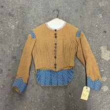 1890s Antique Victorian Brown Calico Bodice with Black Lace Collar, Leg-o-Mutton Sleeves, Boned Interior