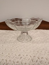 Vintage Pressed Glass Footed Compote with Painted Fruit and Leaf Design, Scalloped Rim