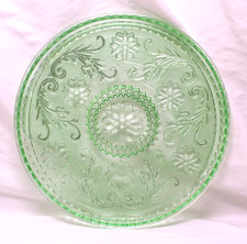 Green Depression Glass Footed Bowl / Console Bowl with Floral Sandwich Pattern