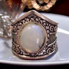 1990s Tibetan Silver Cuff Bracelet with Grey Moonstone Cabochon — listing 3