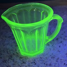 Hazel-Atlas Green Uranium Glass Cube Pattern Milk Pitcher / Creamer, 6.5 inches tall — listing 2