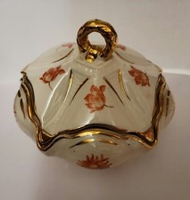 White Porcelain Covered Candy Dish with Gold Trim and Peaked Lid — listing 3