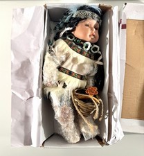 Porcelain Native American Girl Doll in Beaded White Buckskin Dress with Stand — listing 2