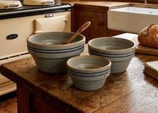 Handmade Studio Pottery Stoneware Bowl Set (Two Nesting Bowls) with Teal Glaze and Unglazed Rims