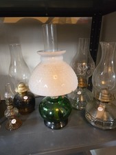Vintage Green Glass Hurricane Oil Lamp with White Hobnail Milk Glass Shade — listing 2
