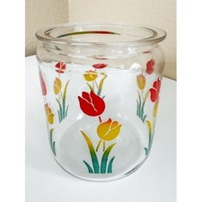 Vintage Graduated 4-Piece Ceramic Canister Set, Yellow-Green with Red Tulip Motif — listing 6