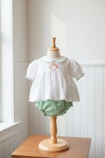 Baby Two-Piece Diaper Set - Sleeveless Top with Café/Coffee Embroidery & Green Gingham Bloomers, 18M — listing 3