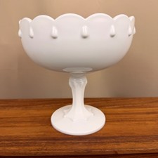 Vintage Milk Glass Pedestal Compote with Pressed Star and Fan Pattern