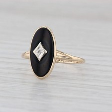 Vintage 1940s 10K Gold Black Onyx Diamond Navette Ring — listing 2