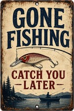 Recycled Metal 'Gone Fishing' Round Wall Sign with 3D Red Truck and Fishing Rod — listing 5