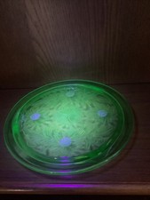 Green Uranium/Vaseline Glass Iridescent Carnival Plate with Embossed Sunflower/Daisy Floral Pattern — listing 3