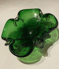 Vintage Green Controlled Bubble Art Glass Ashtray Bowl — listing 2