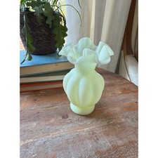 Vintage Green Uranium Glass Ruffled Crimped Bowl with Textured Floral Pattern — listing 4