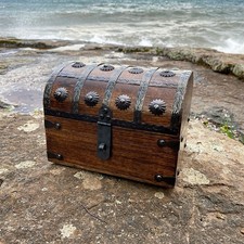 Vintage Dome-Top Wooden Trinket Chest with Wrought Iron Scrollwork Strap Hardware — listing 5