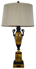Tall Tole-Style Buffet Table Lamp with Red Empire Shade and Gilt Scroll Accents — listing 4